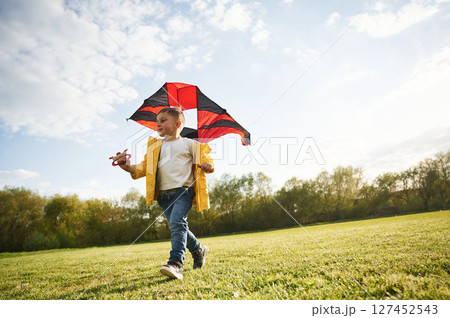 On green meadow. Little boy is playing with a kite 127452543