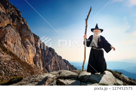 Generative AI Illustration Wizard on A Mountain Trail 127452575