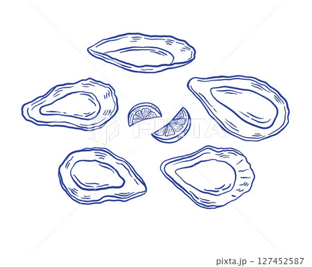 Set of hand drawn oyster with lemon vector illustration. Seafood mussel delicacy isolated on white background. La dolce vita Italian style. 127452587
