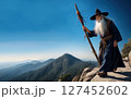 Generative AI Illustration Wizard on A Mountain Trail 127452602
