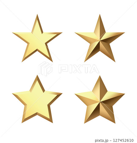 Set of Golden Christmas 3d Star metal glossy bright shine five angle star shape isolated on white Background collection. 127452610