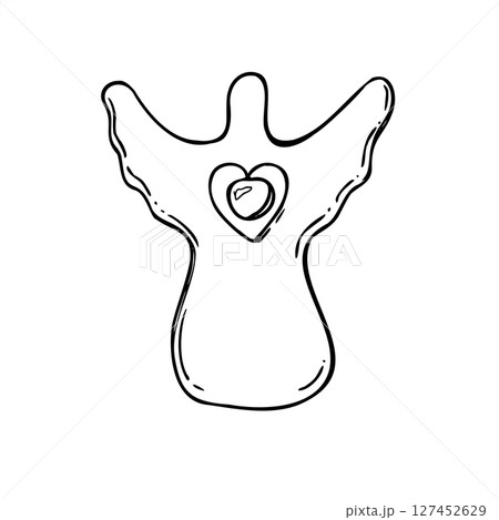 Handcrafted Christmas angel doll with central bell black and white vector illustration. Traditional Xmas wooden element line art sketch for decorations, festive packaging and rustic seasonal posters. Handcrafted Christmas angel doll with central bell black and white vector illustration. Traditional Xmas wooden element line art sketch for decorations, festive packaging and rustic seasonal posters. 127452629