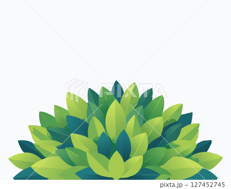Stylized leafy bush growing upward, smooth green leaves in different shades, flat digital art, clear white space on top for message or branding. 127452745