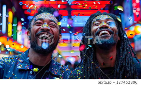 Two joyful men celebrating with confetti in vibrant urban nightlife atmosphere Two joyful men celebrating with confetti in vibrant urban nightlife atmosphere 127452806