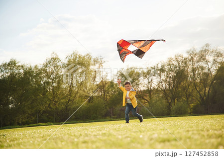Trees, beautiful nature. Little boy is playing with a kite on the field at summer time 127452858