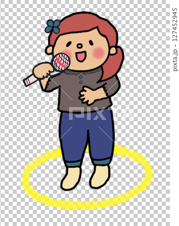 花のヘアピンを付けてお腹に手を当てて歌う一人カラオケ中の女子 127452945