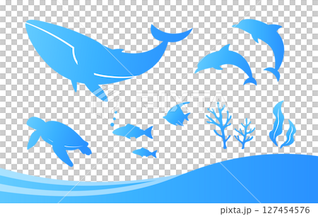 Vector illustration of blue ocean waves and sea creatures. Fish icons, frames, decorations, backgrounds. 127454576