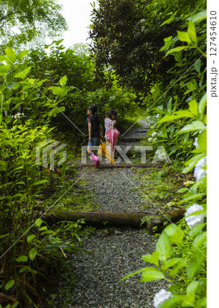 紫陽花の小径を歩く姉妹の後ろ姿 紫陽花の小径を歩く姉妹の後ろ姿 127454610