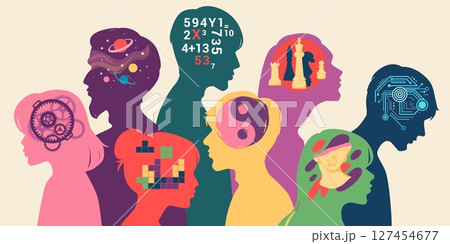 Autism person. ADHD brain mindset. Neurological profile. Human head color silhouette. Creative talent people. Rational and logical thinking. Mental personality. Vector psychology concept 127454677