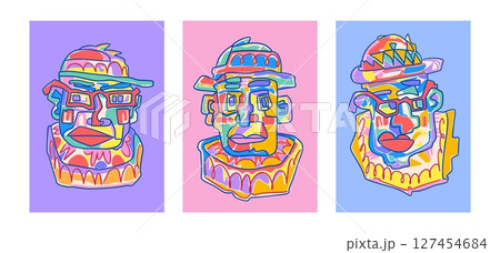 Abstract face. Art poster, design collage or creative modern portrait. Minimal people, doodle shape artwork. Colorful man in hat and glasses. Doodle avatars. Contemporary vector concept 127454684