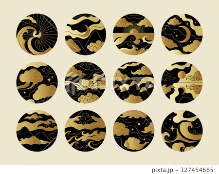 Chinese pattern. Japanese gold Sun and clouds, oriental tattoo ornament or Asian water, wind and sea. Mongolian sky. Round icons, circle creative stickers. Emblems or labels. Vector design 127454685