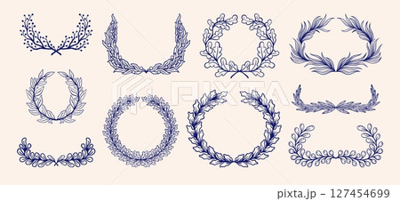 Floral design elements. Hipster vintage crown, hand drawn laurel wreath or nature leaves garland. Botanical branches round frames. Card design elements. Foliage bouquet vector trendy pattern 127454699