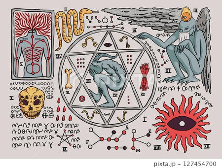 Demon symbol. Occult magic book page. Medieval scary ritual vintage manuscript. Evil pictogram. Devil horror collection. Fantasy magical signs. Satanic pentagram. Vector illustration 127454700