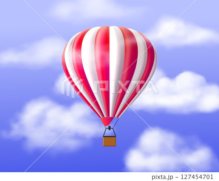 Hot air balloon. Aerial travel. Realistic airship in cloudy sky. Flying vehicle transportation. Ballooning flight. Floating aircraft. Basket with striped dome. Vector airy transport 127454701