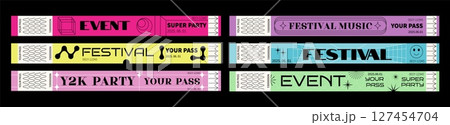 Concert ticket. Event bracelet pass. Cinema party sticker. Hand bracelet mockup with performance logo. Disco club show entrance. Aesthetic design stripes. Vector festival wristbands set Concert ticket. Event bracelet pass. Cinema party sticker. Hand bracelet mockup with performance logo. Disco club show entrance. Aesthetic design stripes. Vector festival wristbands set 127454704