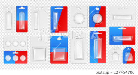 Plastic blister. Transparent box pack. Empty bag from cardboard or 3D pvc clamshell product. Clear insert container mockup. Individual holder with transparent display. Vector objects set 127454706