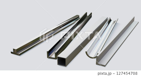 Steel bar. Aluminum metal profile or iron square angle rolled stock. Chrome girder. Stainless 3D fittings. Round metallic tube. Architecture columns. Vector construction objects set 127454708