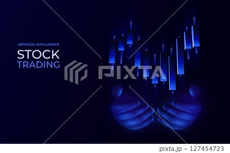 Forex trade. Stock data chart. Polygon hand and futuristic market fund exchange diagram. Finance technology. Investment infographic. Poly neon arms. Candlestick graph. Vector background 127454723