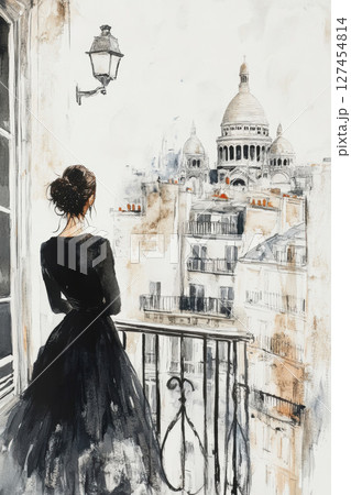 watercolor woman dress window cityscape womans 127454814