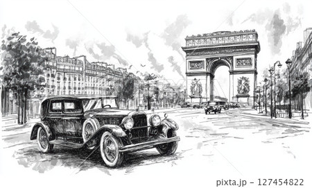 vintage car city street triomphe background 127454822