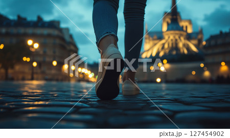 persons legs feet cobblestone street twilight 127454902