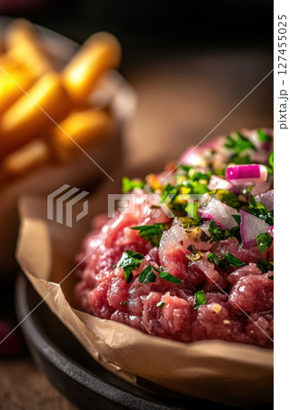 food piece meat vegetables herbs closeup 127455025