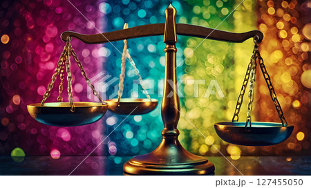 Scales of Justice Hanging Against a Sparkling Background, vibrant pop art style with bold lines and shiny texture highlights, high contrast color palette 127455050