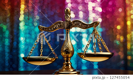 Scales of Justice Hanging Against a Sparkling Background, vibrant pop art style with bold lines and shiny texture highlights, high contrast color palette 127455054