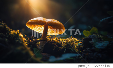 mushroom forest hour scene closeup sun 127455140