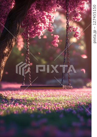 tree trunk branches blossoms swing scene 127455150