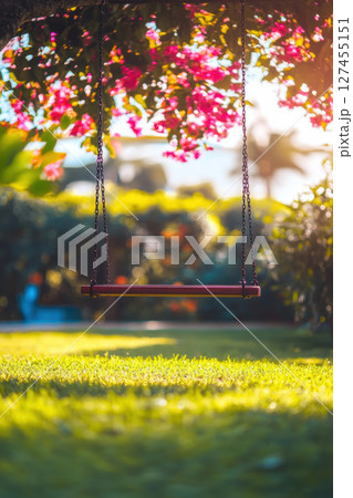 swing tree flowers sunlight filters scene swing tree flowers sunlight filters scene 127455151