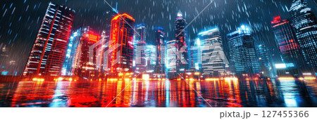 nighttime cityscape skyscrapers lights sky scene 127455366