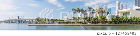 Modern skyline of Miami with towering skyscrapers, tropical vibe, and waterfront views Modern skyline of Miami with towering skyscrapers, tropical vibe, and waterfront views 127455403