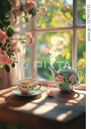 table saucer sunlight window scene closeup 127455512