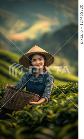 woman straw hat landscape wicker basket 127455520