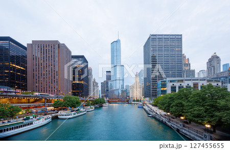 Scenic view of downtown Chicago during sunset 127455655
