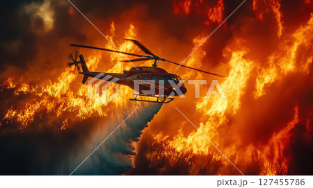 portrayal helicopter fire rotors hovers flames 127455786