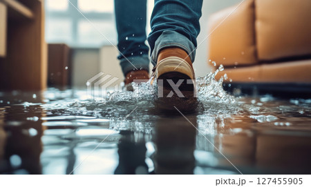 persons feet puddle water person jeans 127455905