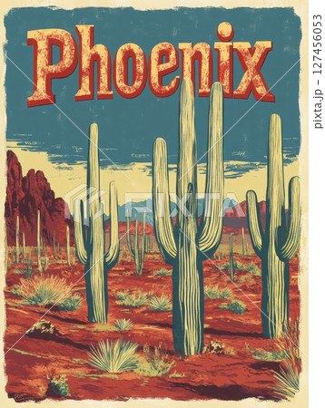 Vast desert terrain features tall cacti against a backdrop of mountains and a vibrant sky. This captivating view highlights the natural beauty of Phoenix, Arizona, in a picturesque setting. 127456053
