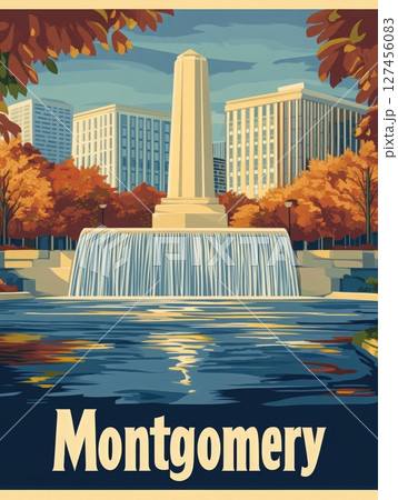 A beautiful monument stands in Montgomery, framed by vibrant autumn leaves. The fountain cascades into a serene water body, reflecting the surrounding city buildings, showcasing nature and urban life. 127456083