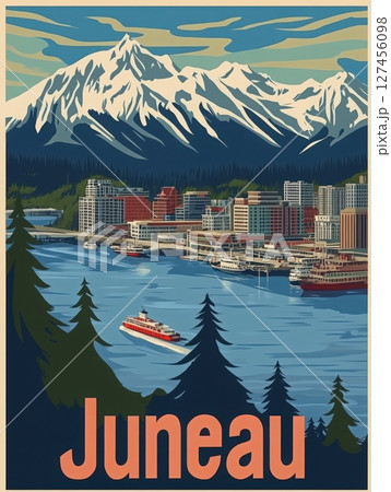 This vibrant depiction captures Juneaus stunning landscape, featuring towering mountains behind a lively waterfront. Boats traverse the calm water as buildings stand amidst lush evergreen trees. 127456098