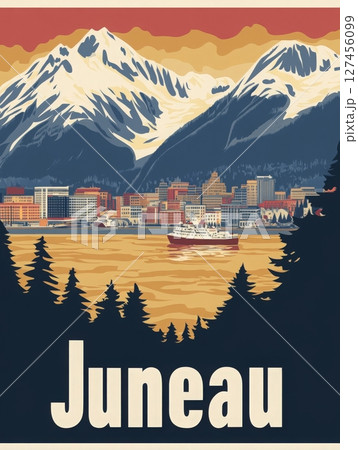 A picturesque depiction of Juneau featuring majestic snow-capped mountains in the background. The waterfront is bustling with activity as boats navigate the serene waters under a warm, colorful sky. A picturesque depiction of Juneau featuring majestic snow-capped mountains in the background. The waterfront is bustling with activity as boats navigate the serene waters under a warm, colorful sky. 127456099