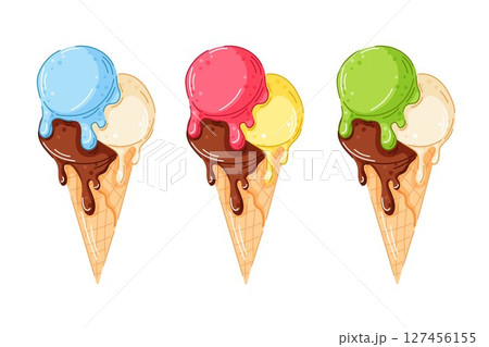 Set of colorful ice cream cone with different flavor in waffle cone in cartoon style isolated on white background. Summer dessert with blueberry, strawberry, pistachio, almond, lemon and chocolate Set of colorful ice cream cone with different flavor in waffle cone in cartoon style isolated on white background. Summer dessert with blueberry, strawberry, pistachio, almond, lemon and chocolate 127456155