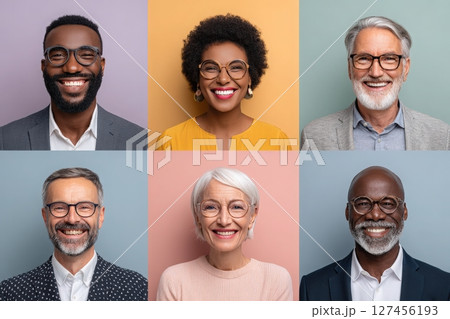 Six individuals with varying backgrounds and styles smile confidently against colorful backdrops. Their expressions reflect joy and positivity, creating a welcoming atmosphere. Six individuals with varying backgrounds and styles smile confidently against colorful backdrops. Their expressions reflect joy and positivity, creating a welcoming atmosphere. 127456193