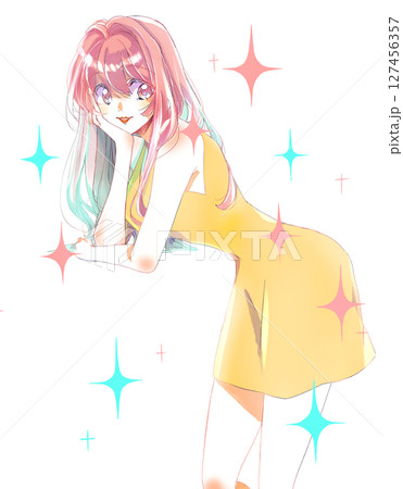 頬杖をつくセクシーな女性 笑顔 キラキラ 頬杖をつくセクシーな女性 笑顔 キラキラ 127456357
