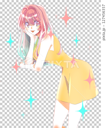 頬杖をつくセクシーな女性 笑顔 キラキラ 頬杖をつくセクシーな女性 笑顔 キラキラ 127456357