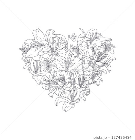 Hand drawn line art heart composition filled with retro palette lily flowers isolated on white 127456454