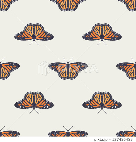 Vintage seamless pattern with hand drawn orange monarch butterflies on beige background 127456455