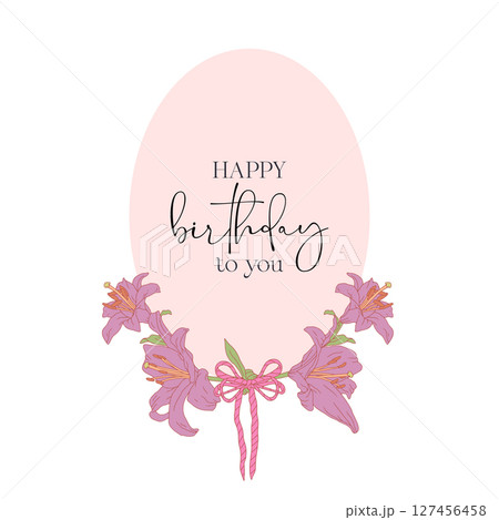 Hand drawn black and white line art lily flowers wreath with text Happy Birthday to You Hand drawn black and white line art lily flowers wreath with text Happy Birthday to You 127456458