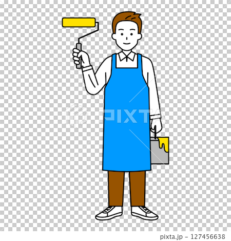 一名穿著圍裙、手持油漆滾筒的男子（全身） 127456638